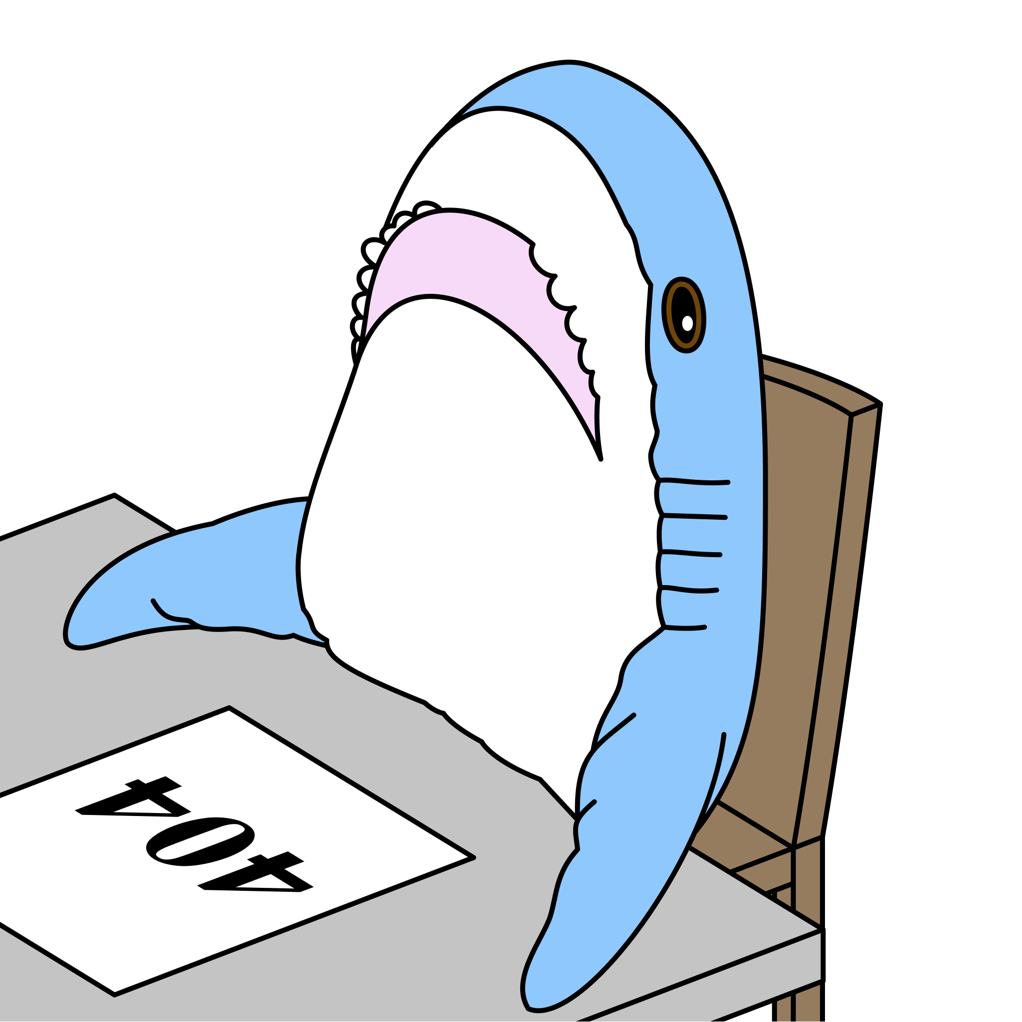 Image of a BLAHAJ sitting on a table showing a piece of paper numbered 404